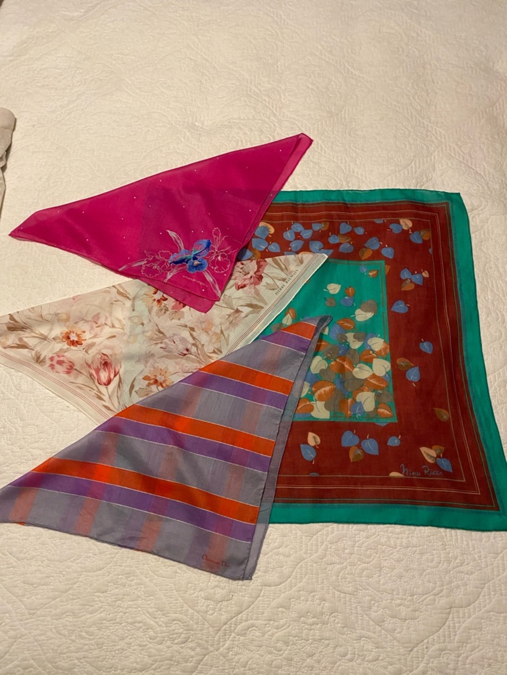 Bundle of vintage designer scarves including Dior, Balmain, Ungaro, and Ricci